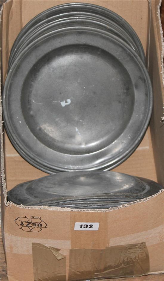 Quantity of pewter plates